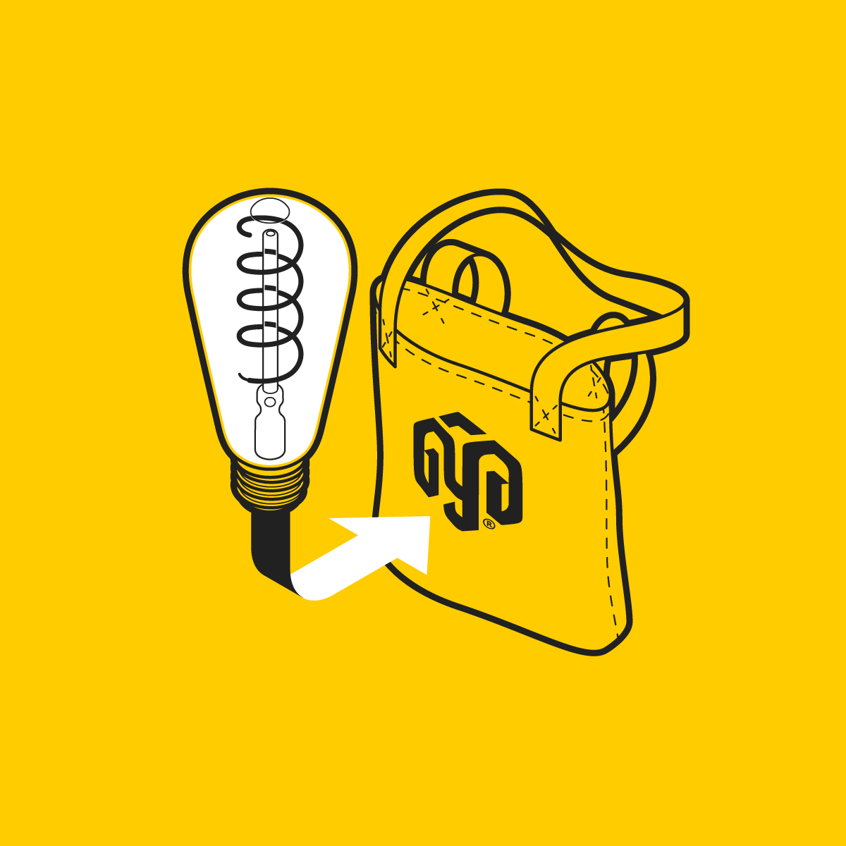 Ilustración vectorial de una bombilla incandescente integrándose al diseño de una tote bag.