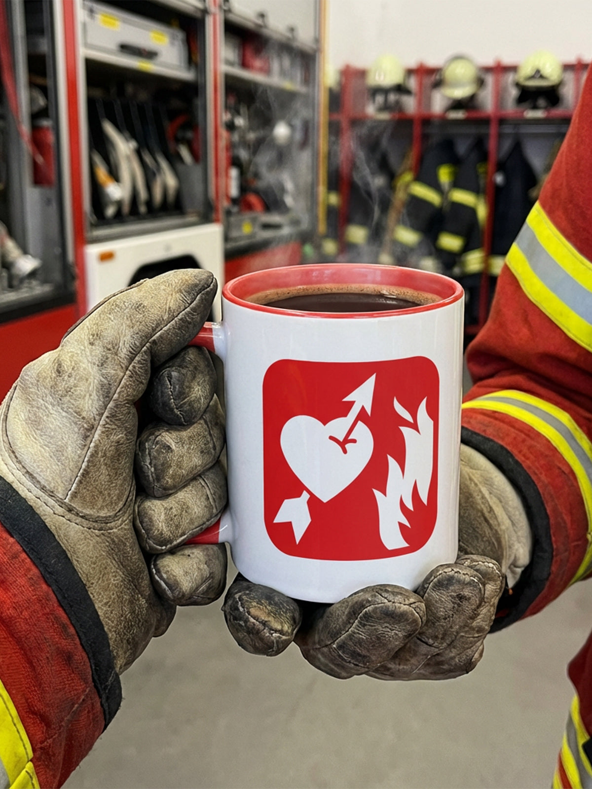 Taza de café “corazón ardiente” estilo señalética ISO 7010, diseño GyGinfographics, sostenida por bomberos en estación.