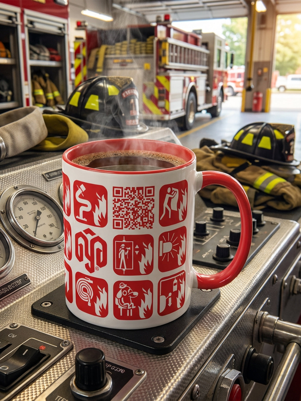 Taza de café con serie de señales ISO 7010 reinterpretadas, diseño GyGinfographics, sobre panel de camión de bomberos.