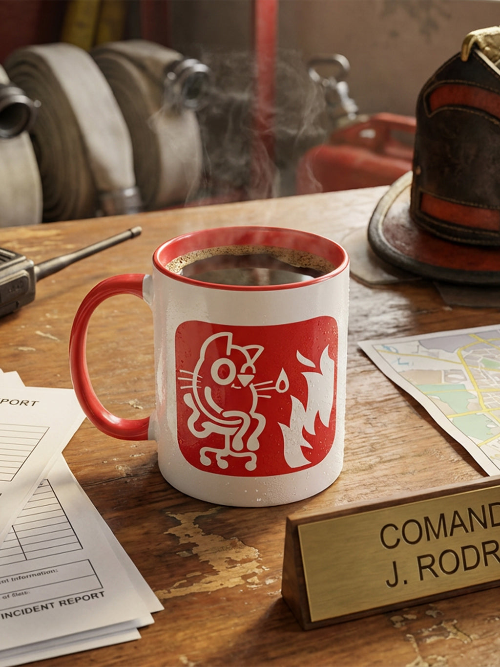 Taza con señalética de incendios y meme “This is fine” (gato), diseño GyGinfographics, sobre escritorio de comandante de bomberos.