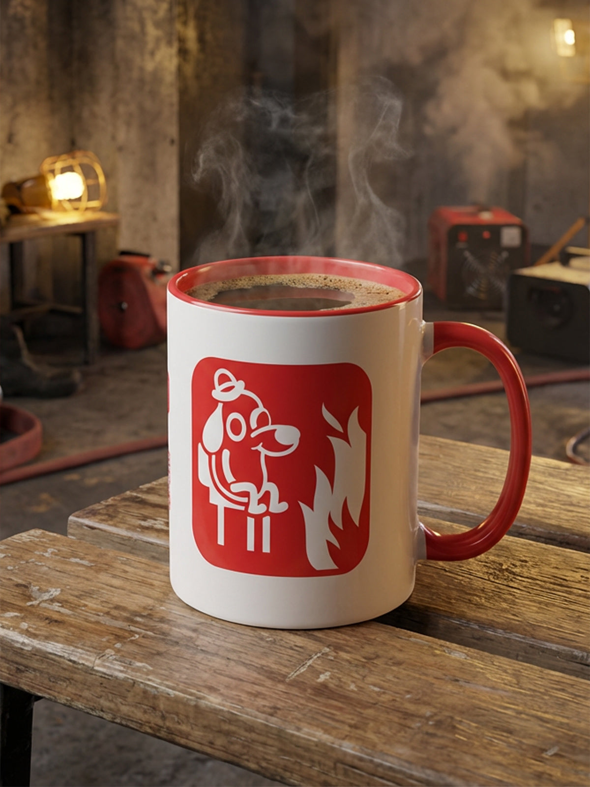 Taza con señalética de incendios y meme “This is fine”, diseño GyGinfographics, sobre banco en bodega de prácticas.