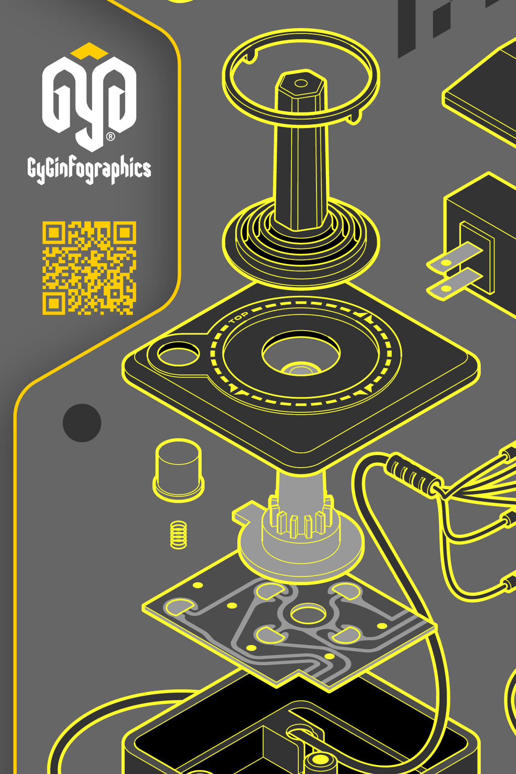 Close-up view of the "Atari 2600 – Exploded Diagram" poster, illustrated by Francisco GyG. Highlights vector line work, isometric projection, and technical drawing style.