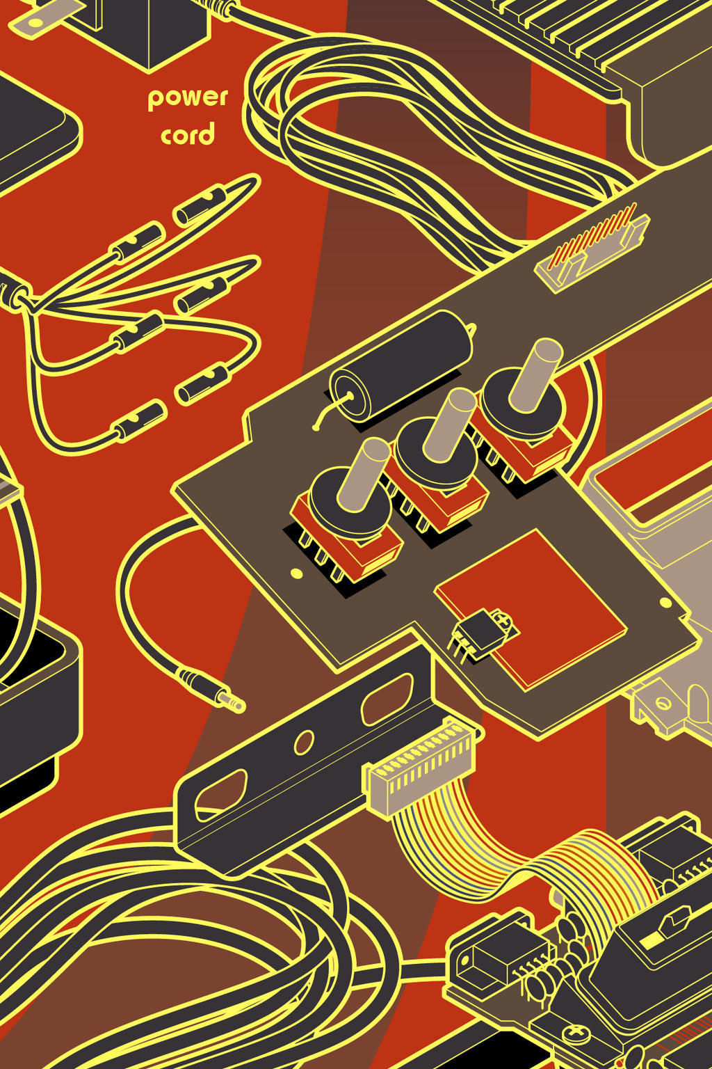Close-up view of the "Atari 2600 – Exploded Diagram" poster, illustrated by Francisco GyG. Highlights vector line work, isometric projection, and technical drawing style.