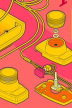Detalle de ilustración vectorial del póster Atari 2600 “Soft Voltage”: diagrama explosivo isométrico y componentes internos.