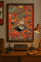 Digital mockup featuring the "Atari 2600 – Exploded Diagram" poster displayed in a styled environment. The original poster was illustrated by Francisco GyG. The background was generated using AI and is marked with diagonal bars to distinguish it from the original design.