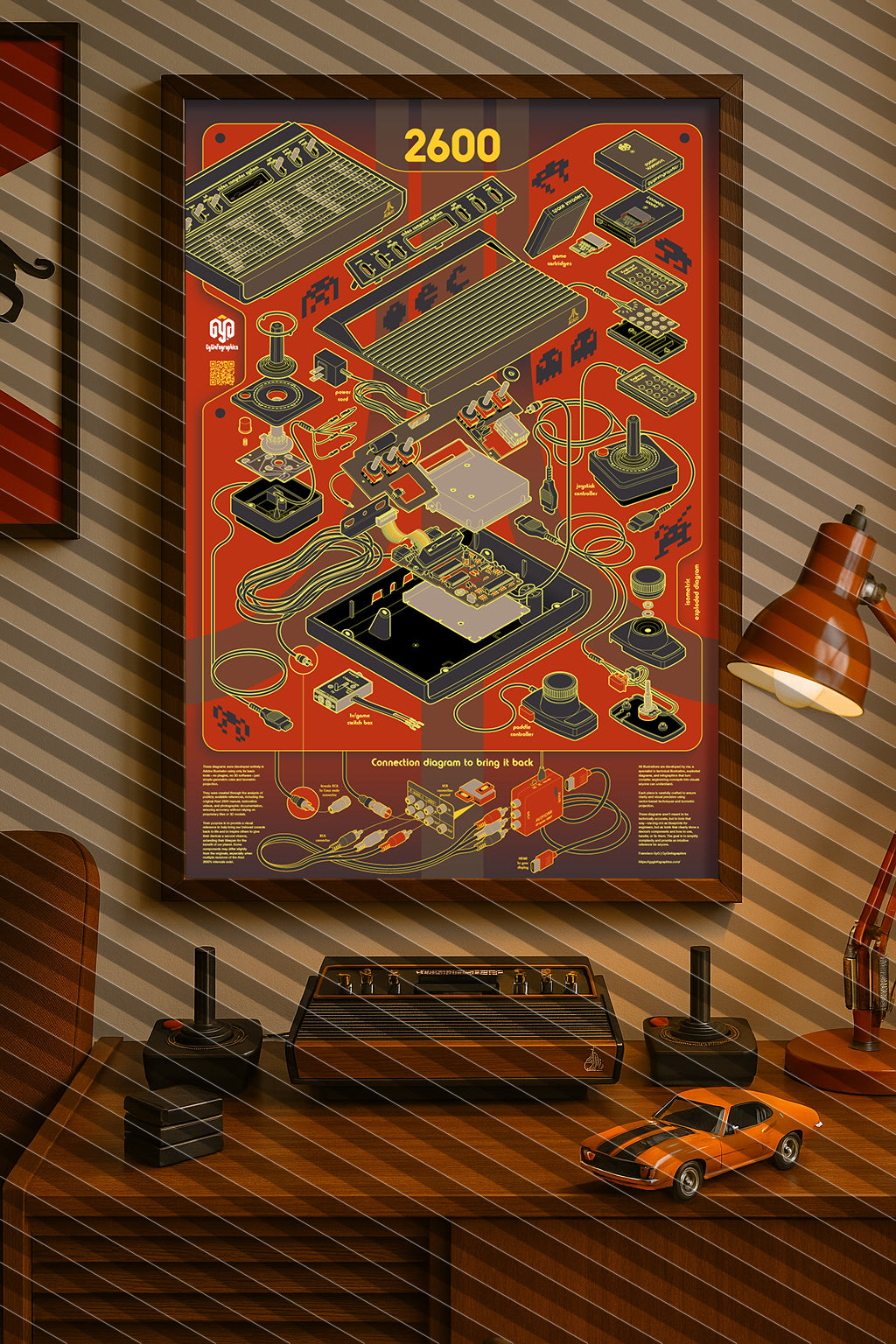 Digital mockup featuring the "Atari 2600 – Exploded Diagram" poster displayed in a styled environment. The original poster was illustrated by Francisco GyG. The background was generated using AI and is marked with diagonal bars to distinguish it from the original design.