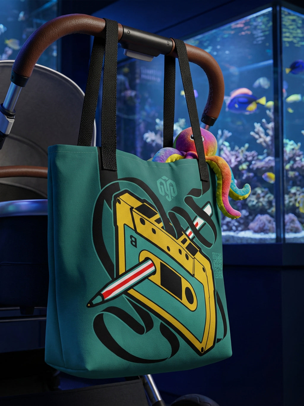 Tote bag amarillo y verde con diseño de cassette y pluma Bic rebobinando cinta; colgada de carriola en acuario marino.