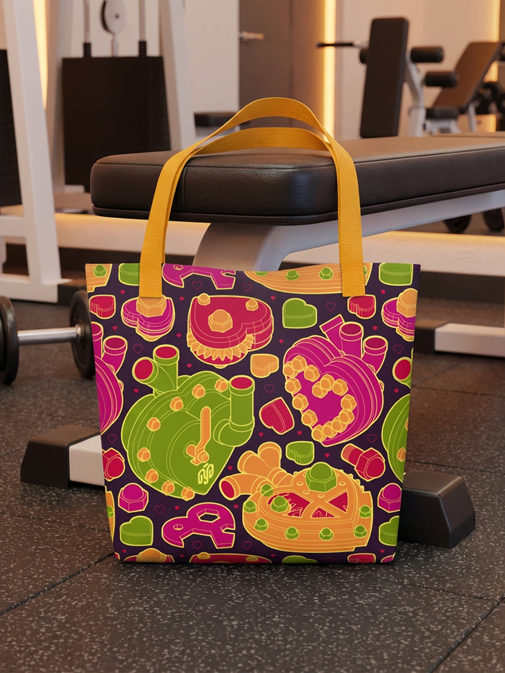 Bolsa tote bag colección “Mecanismos Afectivos” con patrón de corazones mecánicos isométricos, en gimnasio.
