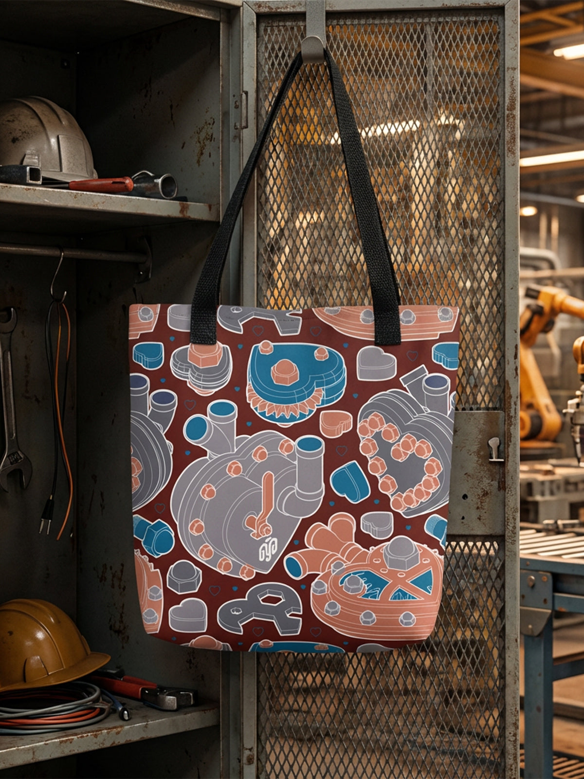 Bolsa tote bag colección “Mecanismos Afectivos” con patrón de corazones mecánicos isométricos, colgada de casillero en fábrica.