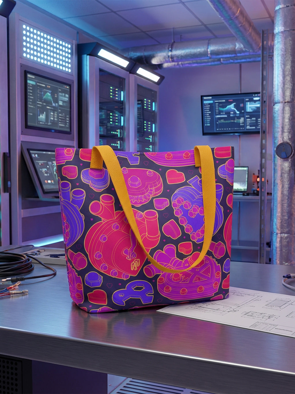 Bolsa tote bag colección “Mecanismos Afectivos” con patrón de corazones mecánicos isométricos, en cuarto de máquinas de edificio inteligente.