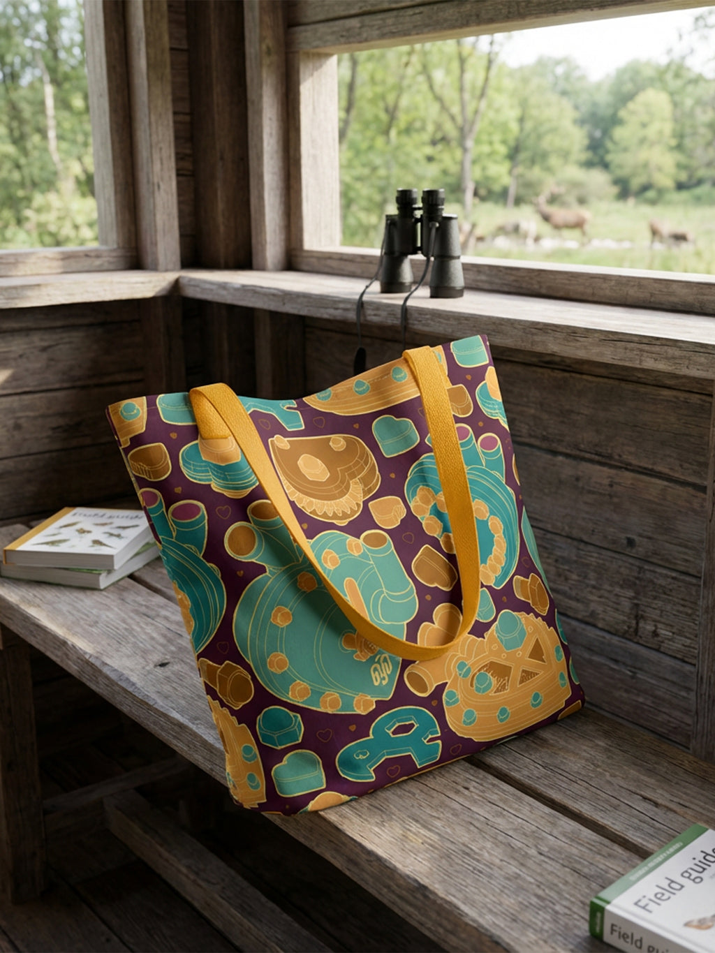 Bolsa tote bag colección “Mecanismos Afectivos” con patrón de corazones mecánicos isométricos, en puesto de observación de reserva de vida silvestre.