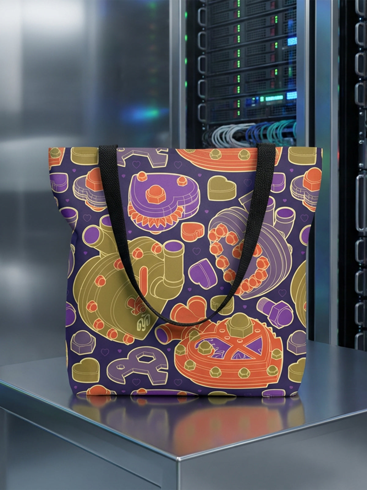 Bolsa tote bag colección “Mecanismos Afectivos” con patrón de corazones mecánicos isométricos, sobre mesa en centro de datos.
