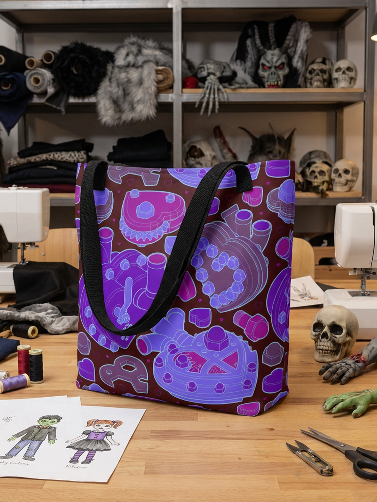 Bolsa tote bag colección “Mecanismos Afectivos” con patrón de corazones mecánicos isométricos, sobre mesa de taller de costura de disfraces.