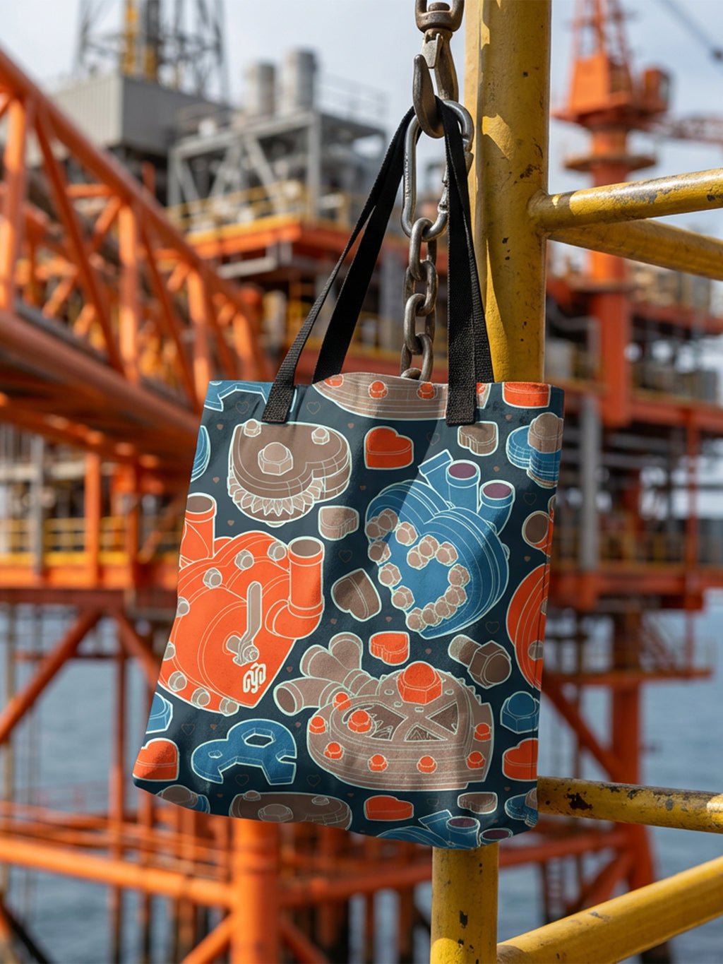 Bolsa tote bag colección “Mecanismos Afectivos” con patrón de corazones mecánicos isométricos, colgada en plataforma petrolera.