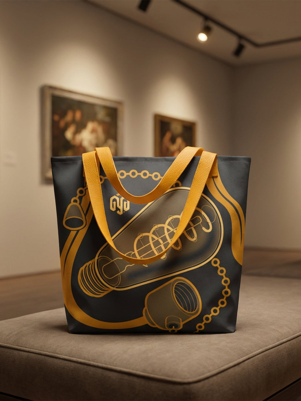 Maqueta de bolsa tote bag elegante en galería de arte, con bombilla isométrica diseñada por GyGinfographics y correas tridimensionales.