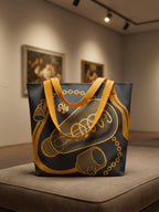 Maqueta de bolsa tote bag elegante en galería de arte, con bombilla isométrica diseñada por GyGinfographics y correas tridimensionales.