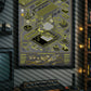 Digital mockup featuring the "Atari 2600 – Exploded Diagram" poster displayed in a styled environment. The original poster was illustrated by Francisco GyG. The background was generated using AI and is marked with diagonal bars to distinguish it from the original design.