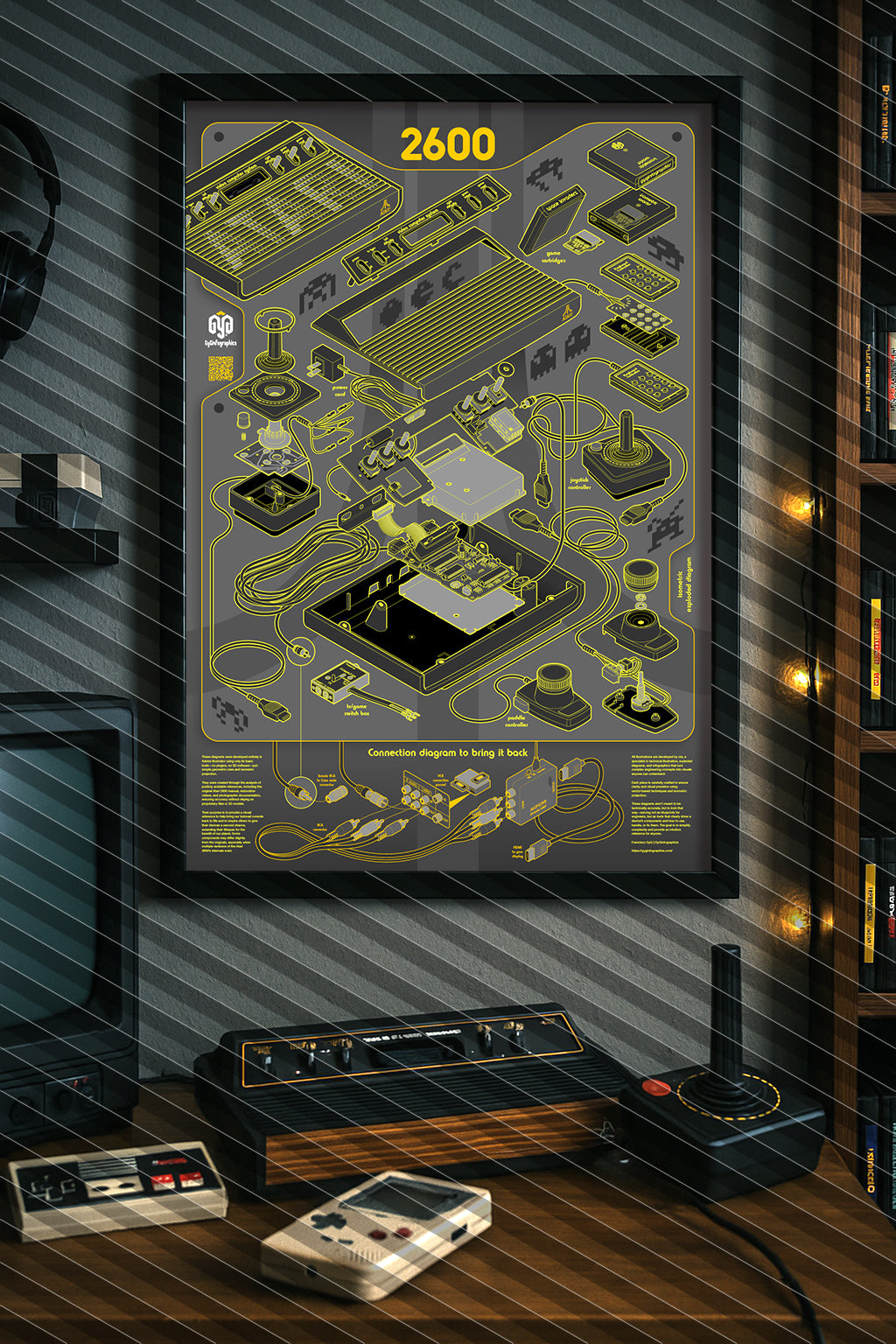 Digital mockup featuring the "Atari 2600 – Exploded Diagram" poster displayed in a styled environment. The original poster was illustrated by Francisco GyG. The background was generated using AI and is marked with diagonal bars to distinguish it from the original design.