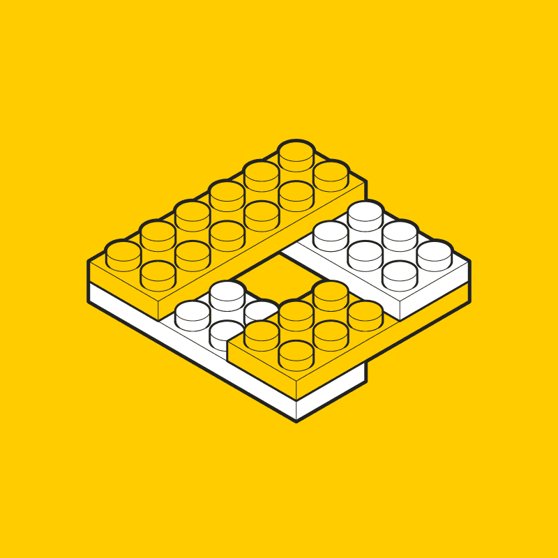 GIF animado de cuatro piezas de Lego ensamblando una figura imposible. Motion graphics diseñado por GyGinfographics.