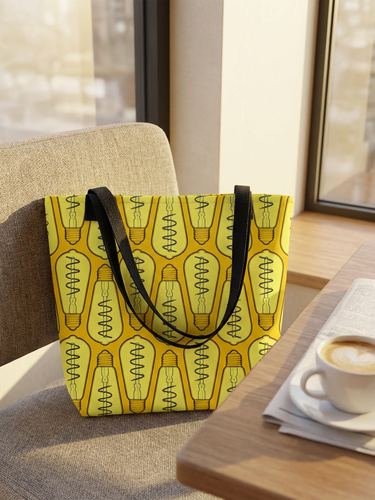 Maqueta de bolsa tote bag en tonos amarillos con patrón de bombillas, en cafetería; diseño de GyGinfographics.