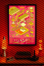 Póster Atari 2600 “Soft Voltage” (salmón y amarillos) en maqueta de interior, ilustración técnica de GyGinfographics.