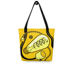 Bolsa tote colgada, vista frontal, con ilustración isométrica de una bombilla encendida en amarillo y negro y el cable alineado con las asas.