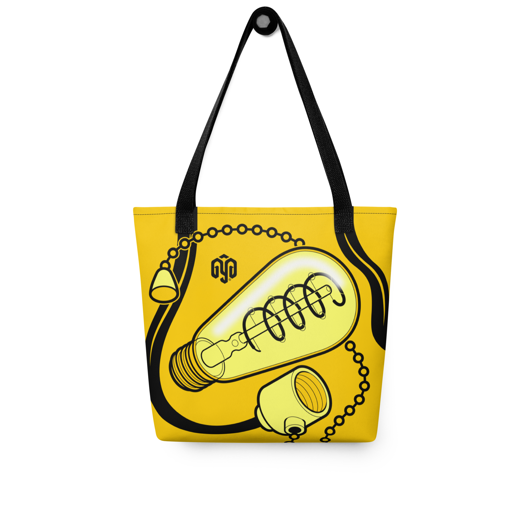 Bolsa tote colgada, vista frontal, con ilustración isométrica de una bombilla encendida en amarillo y negro y el cable alineado con las asas.