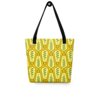 Bolsa tote colgada, vista posterior, mostrando el patrón repetitivo de bombillas isométricas en tonos claros.