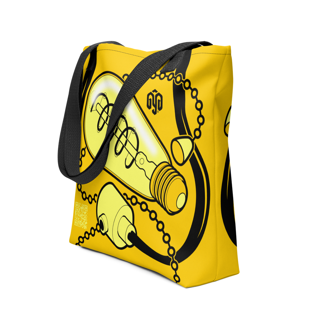 Vista en tres cuartos de la bolsa tote con ilustración isométrica de bombilla encendida en alto contraste y cable conectado a las asas.