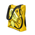 Vista en tres cuartos de la bolsa tote con ilustración isométrica de bombilla encendida en alto contraste y cable conectado a las asas.