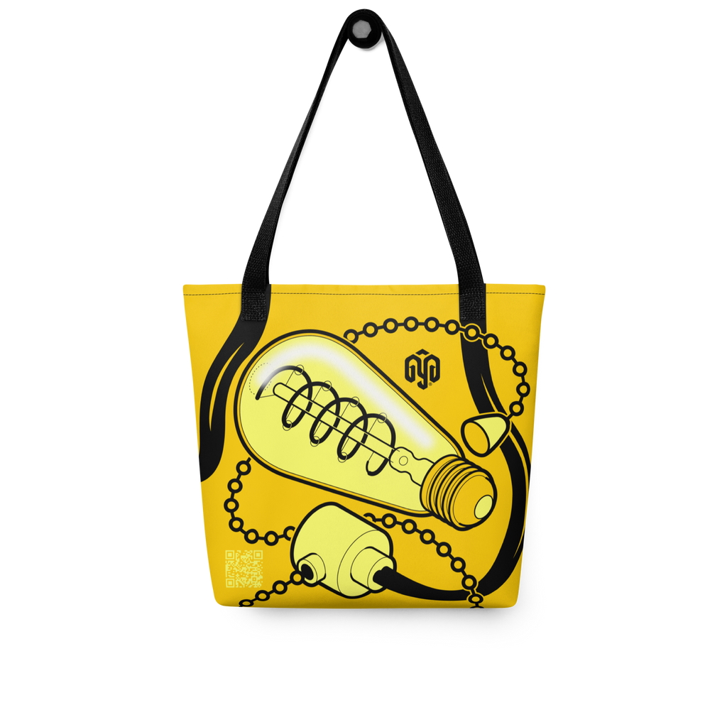 Bolsa tote colgada, vista posterior, mostrando la ilustración isométrica completa de la bombilla encendida con el cable integrado visualmente en las asas.