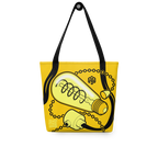 Bolsa tote colgada, vista posterior, mostrando la ilustración isométrica completa de la bombilla encendida con el cable integrado visualmente en las asas.