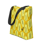 Vista en tres cuartos de la bolsa tote con patrón de bombillas isométricas encendidas repetido en toda la superficie.