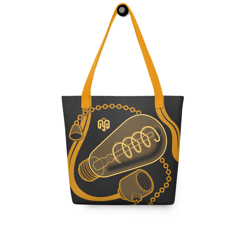 Bolsa tote colgada, vista frontal, con ilustración isométrica de una bombilla apagada en tonos oscuros y trazos amarillos, con el cable alineado con las asas.