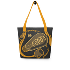 Bolsa tote colgada, vista frontal, con ilustración isométrica de una bombilla apagada en tonos oscuros y trazos amarillos, con el cable alineado con las asas.