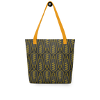 Bolsa tote colgada, vista posterior, mostrando el patrón repetitivo de bombillas isométricas en alto contraste oscuro.