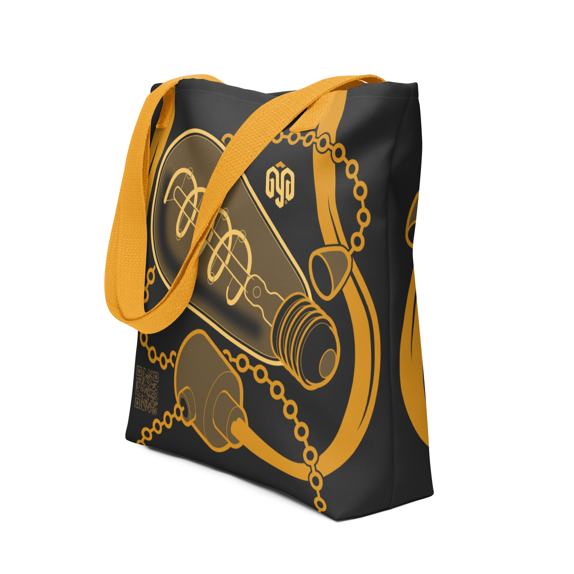 Vista en tres cuartos de la bolsa tote con ilustración isométrica de bombilla apagada en alto contraste y cable conectado a las asas.