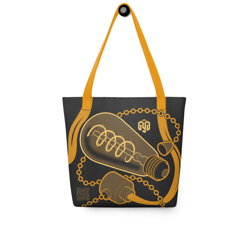 Bolsa tote colgada, vista posterior, con ilustración isométrica de bombilla apagada y el cable integrado visualmente en las asas.