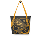 Bolsa tote colgada, vista posterior, con ilustración isométrica de bombilla apagada y el cable integrado visualmente en las asas.