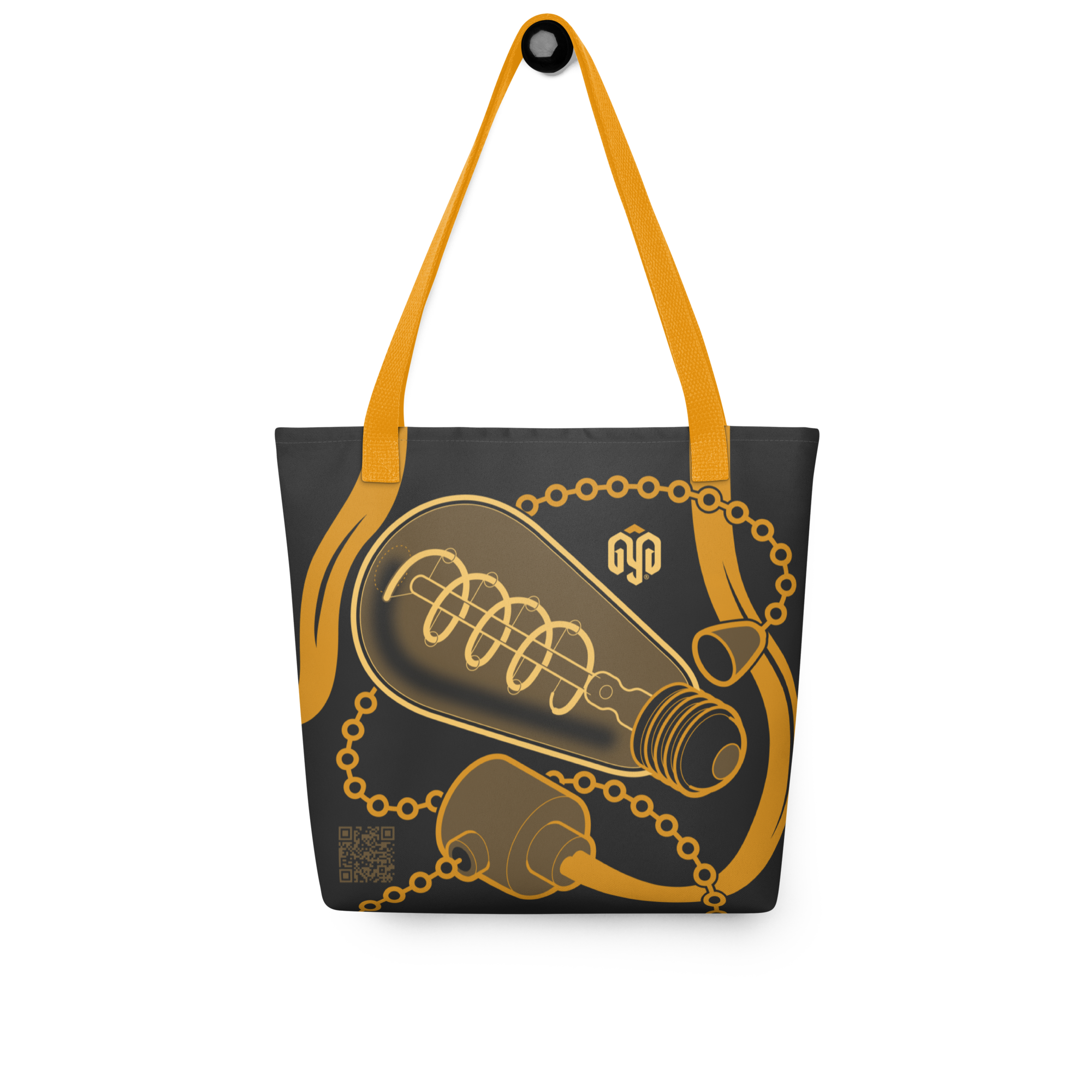 Bolsa tote colgada, vista posterior, con ilustración isométrica de bombilla apagada y el cable integrado visualmente en las asas.