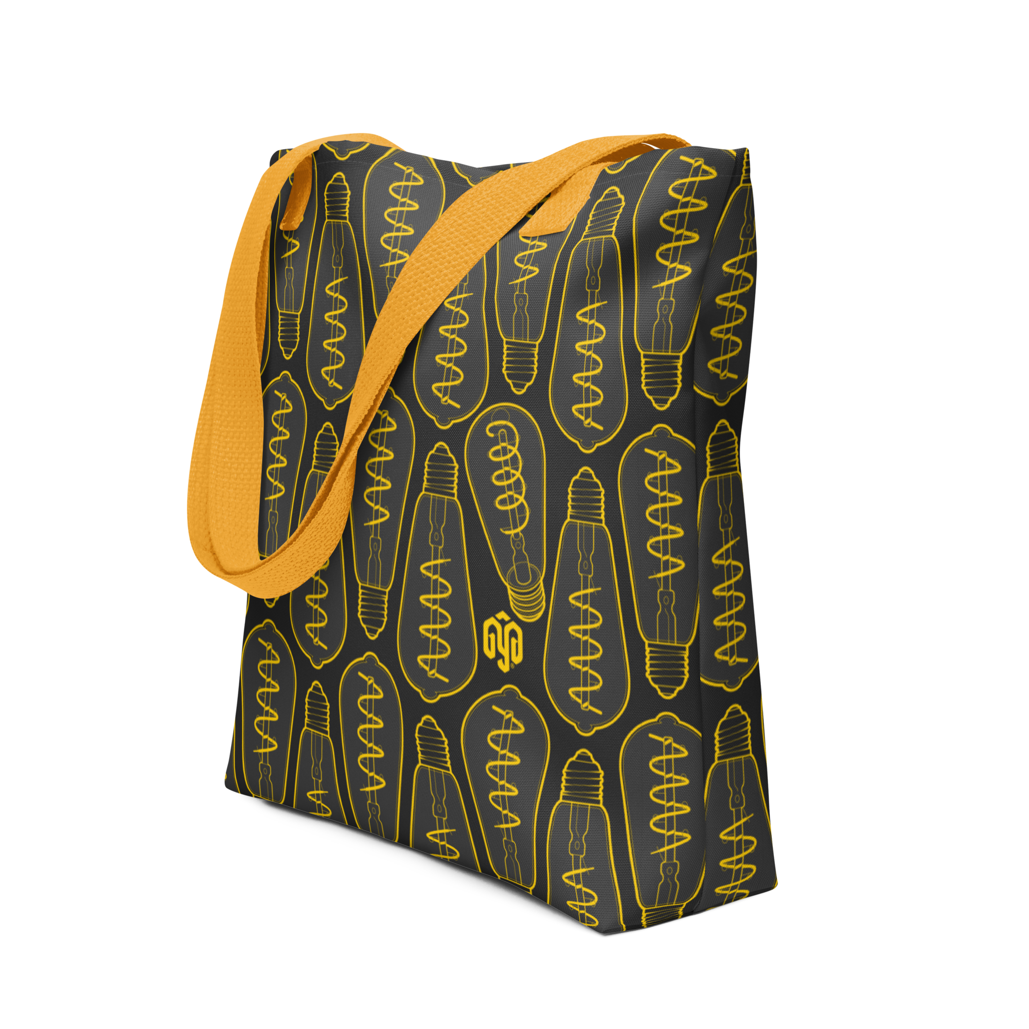 Vista en tres cuartos de la bolsa tote con patrón de bombillas isométricas apagadas repetido en toda la superficie.