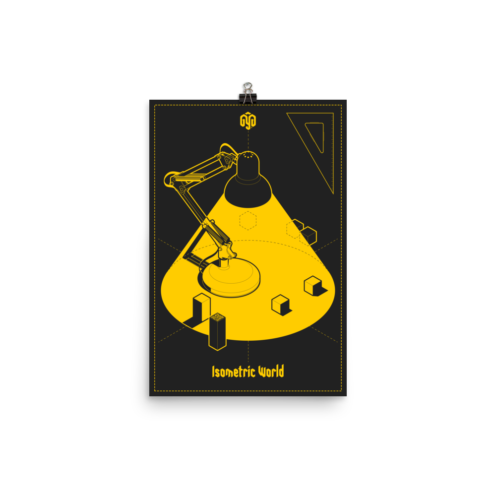 20×30-inch poster of an isometric flexo lamp; high-contrast vector illustration in dark gray and yellow, by GyGinfographics.