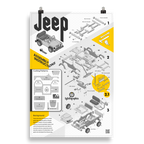 Póster 20×30 pulgadas con pasos para construir un Jeep infantil de madera a pedales; infografía isométrica vectorial de GyGinfographics.
