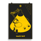 Póster 20×30 pulgadas de lámpara tipo flexo en isométrico; ilustración vectorial de alto contraste en gris oscuro y amarillo, por GyGinfographics.