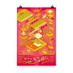 Maqueta de póster Atari 2600 “Soft Voltage” (salmón y amarillos) colgado con pinzas de papelería.