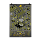 Maqueta de póster Atari 2600 “Industrial Glow” (grises y amarillos) colgado con pinzas de papelería.