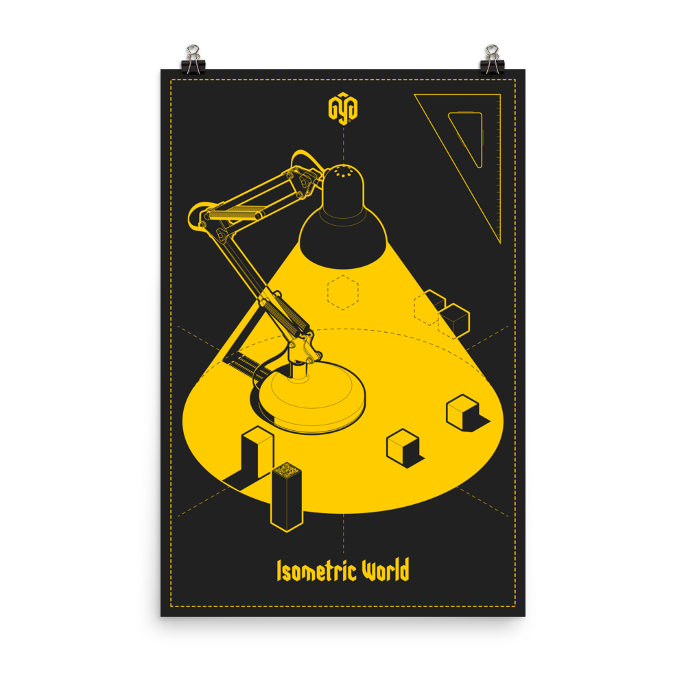 Póster 24×36 pulgadas de lámpara tipo flexo en isométrico; ilustración vectorial de alto contraste en gris oscuro y amarillo, por GyGinfographics.