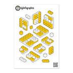Planilla de stickers (calcomanías) de bloques y ensambles imposibles tipo LEGO en proyección isométrica.