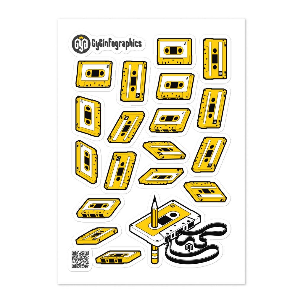 Planilla de stickers de cassettes de música en distintas posiciones, calcomanías/pegatinas con estética retro.