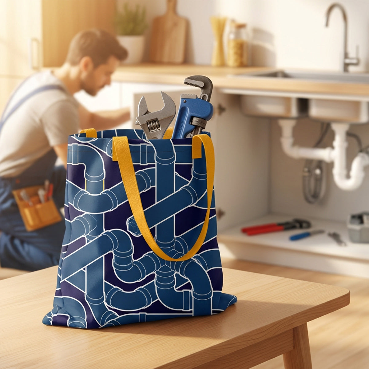 Tote bag con estampado de tuberías intrincadas en tonos azules sobre mesa de cocina; al fondo, un plomero realizando reparaciones.